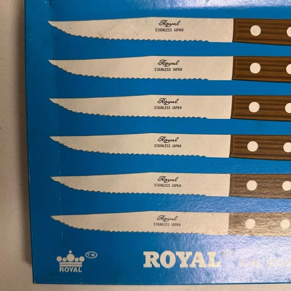 Vintage Royal Stainless Steel 6-Piece Steak Knife Set with Riveted Wood Handles-